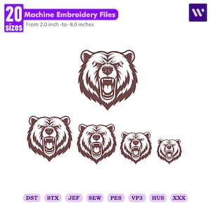 Può includere: Una collezione digitale di 20 file per ricamo a macchina con un grafico di testa di orso marrone con bocca aperta e denti in vista. Il testo recita 20 Machine Embroidery Files From 2.0 inch -to- 8.0 inches, con formati DST, STX, JEF, SEW, PES, VP3, HUS, XXX.
