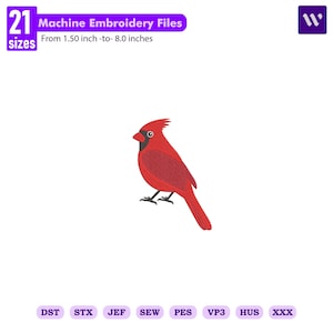 May include: A digital machine embroidery file featuring a bright red cardinal bird with a black face mask and crest. The text reads 21 sizes from 1.50 inch-to-8.0 inches. File formats include DST, STX, JEF, SEW, PES, VP3, HUS, and XXX.