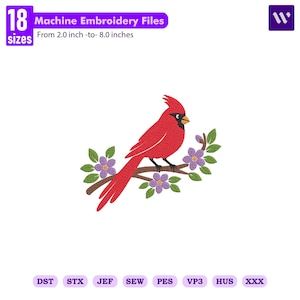 May include: A machine embroidery design featuring a bright red cardinal bird perched on a brown branch with purple flowers and green leaves. The text reads 18 sizes from 2.0 inch-to-8.0 inches. File formats include DST, STX, JEF, SEW, PES, VP3, HUS, XXX.