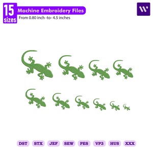 May include: A collection of 15 machine embroidery files featuring green lizard designs in various sizes ranging from 0.80 inches to 4.5 inches. The image displays multiple lizard shapes and lists file formats including DST, STX, JEF, SEW, PES, VP3, HUS, and XXX.
