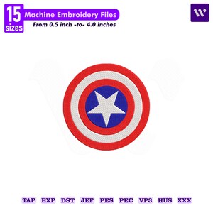 May include: A circular machine embroidery file design featuring a red, white, and blue shield with a central white star. The text reads 15 Machine Embroidery Files From 0.5 inch -to- 4.0 inches, with file formats TAP, EXP, DST, JEF, PES, PEC, VP3, HUS, XXX.