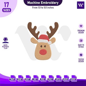 May include: A machine embroidery design featuring a tan reindeer head with dark brown antlers, a red nose, and a red and white Santa hat. The text reads Machine Embroidery, 17 SIZES, From 1.0 to 5.0 inches, PREMIUM DESIGN, EASY TO STITCH, and TESTED DESIGN.