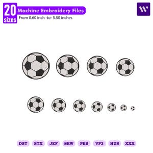 Puede incluir: Una colección digital de 20 archivos de bordado a máquina con un diseño de balón de fútbol en varios tamaños que van desde 1,52 cm a 13,97 cm. Los formatos de archivo incluidos son DST, STX, JEF, SEW, PES, VP3, HUS y XXX para máquinas.