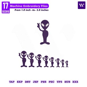 Puede incluir: Una colección digital de archivos de bordado a máquina con un personaje alienígena morado haciendo el signo de la paz. El texto dice 17 sizes, Machine Embroidery Files, From 1.0 inch -to- 5.0 inches, y enumera los formatos TAP, EXP, DST, JEF, PES, PEC, VP3, HUS, XXX.