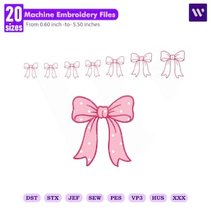 Puede incluir: Una colección digital de 20 archivos de bordado a máquina con un diseño de lazo rosa con lunares blancos. El conjunto incluye tamaños que van desde 1,52 cm a 13,97 cm, compatibles con formatos como DST, STX, JEF, SEW, PES, VP3, HUS y XXX.