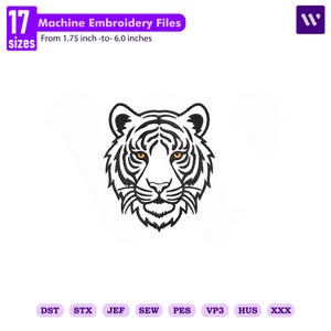 May include: A digital machine embroidery file featuring a stylized tiger head with black outlines and orange eyes. The text reads 17 sizes, Machine Embroidery Files, From 1.75 inch-to- 6.0 inches, and file formats DST, STX, JEF, SEW, PES, VP3, HUS, XXX.