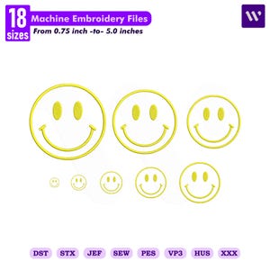 Puede incluir: Una colección digital de 18 archivos de bordado a máquina con diseños de caras sonrientes amarillas en tamaños que van de 1,9 cm a 12,7 cm. El gráfico incluye varios formatos de archivo como DST, STX, JEF, SEW, PES, VP3, HUS y XXX.