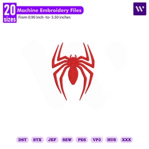Puede incluir: Un diseño de bordado a máquina con un emblema de araña roja en 20 tamaños que van desde 2,29 cm hasta 13,97 cm. El archivo digital es compatible con formatos como DST, STX, JEF, SEW, PES, VP3, HUS y XXX para diversas máquinas de bordar.