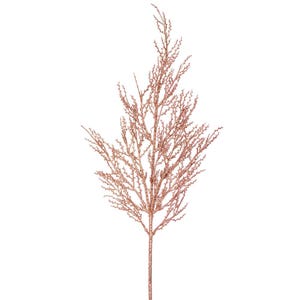 Puede incluir: Una rama artificial decorativa con un acabado metálico en oro rosa. La rama presenta un tallo central que se divide en numerosas ramificaciones finas cubiertas de pequeños brotes texturizados, creando una estructura densa y compleja.