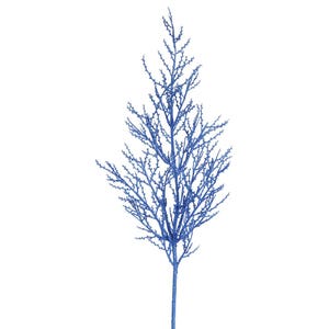 Puede incluir: Una rama artificial decorativa que presenta un tallo central con numerosas ramitas pequeñas e intrincadas que se extienden hacia afuera. Toda la estructura está recubierta de un color azul sólido y vibrante con un acabado texturizado y brillante.