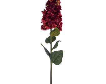 May include: A single artificial flower stem featuring a dense, elongated cluster of deep burgundy and dark red hydrangea-like petals. The stem is thin and brown, adorned with several broad, matte green leaves that have visible veining throughout.