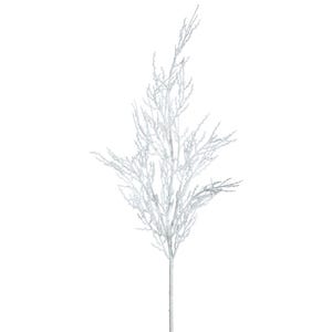 Puede incluir: Una rama artificial individual con un acabado blanco brillante, que presenta un tallo central que se divide en múltiples ramitas delgadas. Toda la estructura está cubierta con un revestimiento texturizado que simula la nieve.