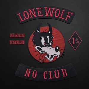 May include: A set of embroidered patches featuring a central circular design of a black and white wolf head on a red background. The set includes two curved rocker patches with the text LONE WOLF and NO CLUB, two rectangular patches, and a diamond-shaped 1% patch.