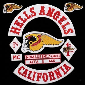 May include: A collection of embroidered patches featuring the text HELLS ANGELS and CALIFORNIA in red on white backgrounds. Includes a winged skull emblem, diamond-shaped 1% patches, and rectangular labels with text including NOMADS, AFFA, and 666.
