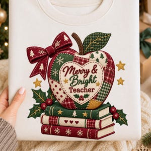 メリーブライトティーチャーPNG、パッチワーククリスマスアップル昇華デザイン