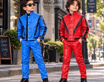 May include: Two matching sets of long-sleeved jackets and trousers. One set is bright blue with black V-shaped accents and silver buttons, while the other is bright red with identical black accents and silver buttons. Both include black shoes.