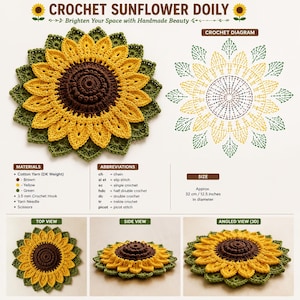 Può includere: Uno schema all'uncinetto per un centrino a girasole con centro marrone, petali gialli e foglie verdi. Include un diagramma, una lista di materiali per filato di cotone DK, abbreviazioni e una dimensione di circa 32 cm di diametro.