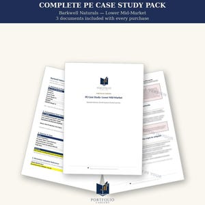 May include: A set of three white documents titled COMPLETE PE CASE STUDY PACK, Barkwell Naturals - Lower Mid-Market, 3 documents included with every purchase. The central document features the Portfolio Careers logo and case study details.