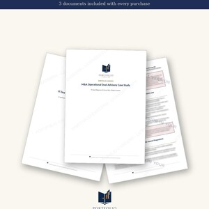 May include: Three white documents titled IT DUE DILIGENCE & CARVE-OUT CASE STUDY, Project Lumen: M&A Operational Deal Advisory. The central document features the Portfolio Careers logo, a dark blue icon of an open book with rising bar charts.