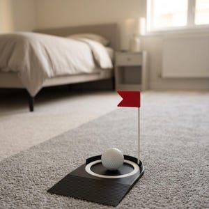 May include: A black plastic indoor golf putting cup with a white circular ring and a white pole topped with a small red flag. A white dimpled golf ball sits inside the circular ring of the putting cup, which features a ramped entry edge.