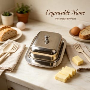 Könnte beinhalten: Eine rechteckige Butterdose aus Edelstahl mit passendem Deckel und einem kleinen zentralen Knauf. Der Text Engravable Name und Personalized Phrases ist darüber zu sehen. Die Butterdose ist von Brot, Eiern und Besteck umgeben.