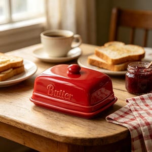 Könnte beinhalten: Eine rechteckige rote Butterdose aus Keramik mit einem Deckel, der einen kleinen Knauf als Griff besitzt. Das Wort Butter ist in Schreibschrift auf der Vorderseite des Deckels eingeprägt. Das Gefäß hat eine glänzende Oberfläche.