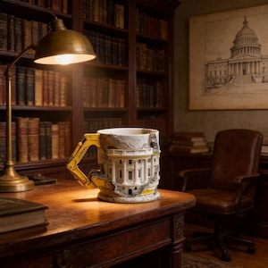 Puede incluir: Una taza de cerámica que presenta un edificio blanco esculpido con columnas y un brazo de excavadora amarillo como asa. La taza tiene una base y un borde texturizados y rocosos, con el brazo de la excavadora unido al lado del edificio.