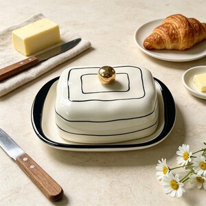 Under‑Glaze Ceramic Butter Dish with Gold Knob, Custom Covered Butter Keeper, Cheese Storage for Modern Farmhouse Home Kitchen