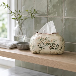 Pode incluir: Uma capa oval de cerâmica para caixa de lenços com base na cor creme e um delicado padrão botânico de folhas verdes e flores rosa suave. A borda superior tem um acabamento castanho e um lenço branco sai pela abertura central.