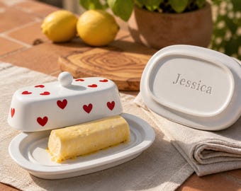 Burriera in ceramica bianca a forma di cuore personalizzata con coperchio, contenitore ermetico per formaggio, burriera romantica in stile western per la cucina.