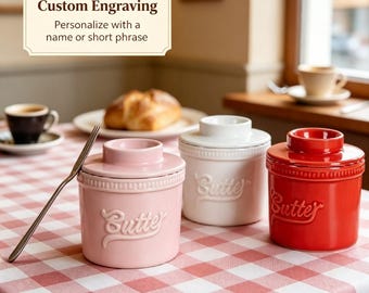 Custom Embossed "Butter"Ceramic French Butter Crock, Water‑Seal Butter Keeper, Pastel & Bold Color Options, Countertop Kitchen Storage Decor