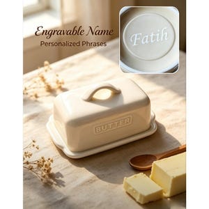 Personalized Ceramic Butter Dish with Lid, Custom Engraved, Rectangular "BUTTER" Embossed Butter Keeper for Kitchen & Tabletop