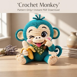 Op de afbeelding: Een gehaakt apenfiguurtje in blauwgroen en beige dat een gele banaan vasthoudt. De aap knipoogt, heeft een roze tong en draagt een groene bandana met witte sterren. De tekst bovenaan luidt 'Crochet Monkey' en 'Pattern Only • Instant PDF Download'.