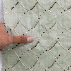 Sage Green Linen Fabric, Handwork Beaded Lattice, 58" Wide Dress Material