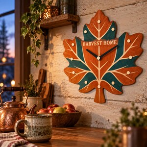 May include: A leaf-shaped wall clock featuring a wood-toned and teal color scheme with the text "HARVEST HOME" printed in white. The clock has black hands and small white circular markers at the tips of the leaf veins.