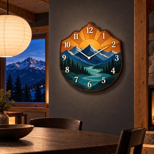 May include: A mountain-shaped wall clock featuring a wooden design with a sunburst, blue mountain peaks, a winding river, and dark green pine trees. The clock face displays white Arabic numerals from 1 to 12 and white hour and minute hands.