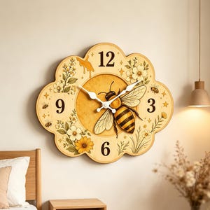May include: A scalloped, light-wood wall clock featuring a central illustration of a honeybee. The clock face displays black numerals at 3, 6, 9, and 12 o'clock, surrounded by botanical floral motifs, small bees, and honey drips in yellow and brown.