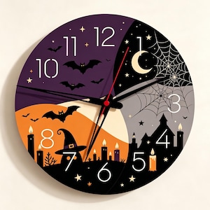 May include: A round wall clock featuring a segmented design with a purple section showing bats, an orange section with a witch hat and candles, and a grey section with a spider web and a silhouette of a house. The clock has black hands and white numbers.