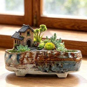 May include: A rectangular ceramic planter with a textured, mottled blue and brown glaze, featuring four small feet. Inside, a miniature stone-style house with a dark roof sits alongside various green succulent plants and a small artificial tree.