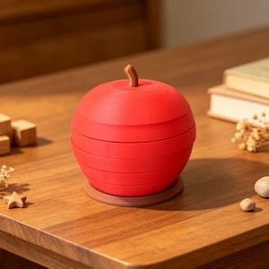 May include: A bright red, spherical container shaped like an apple with a brown stem on top. The object features horizontal, stacked layers that form a rounded body, resting on a flat, circular brown base that supports the entire structure.