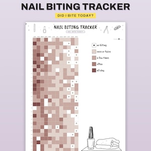 Op de afbeelding: Een printbare jaarlijkse nagelbijt-tracker met de tekst "NAIL BITING TRACKER" en "DID I BITE TODAY?". Het bevat een raster voor maanden en dagen, een kleurgecodeerde legenda voor de frequentie en illustraties van nagelverzorgingshulpmiddelen.