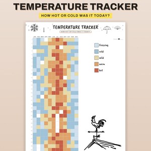 Könnte beinhalten: Ein druckbarer jährlicher Pixel-Temperatur-Tracker als PDF mit einem Raster für Monate und Tage. Das Diagramm enthält eine farbcodierte Legende für gefrierende, kalte, milde, warme und heiße Temperaturen sowie eine Illustration einer Wetterfahne mit Hahn.