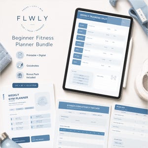 May include: A digital tablet displaying a Weekly Training Split fitness planner alongside printed pages including a Weekly Gym Planner and 8-Week Consistency Tracker. The documents feature blue and white branding with the FLWLY logo and text.
