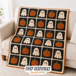May include: A crochet blanket featuring a grid of alternating squares with orange pumpkins and cream-coloured ghosts on a black background, bordered by a thin orange trim. The text "PDF PATTERN EasyStitchHub" is overlaid at the bottom centre.