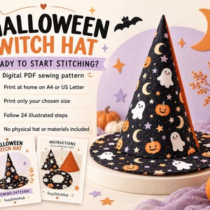 Op de afbeelding: Een digitaal PDF-naaipatroon voor een Halloween-heksenhoed. Het patroon bevat een zwarte stof met oranje pompoenen, witte spoken en gele sterren. De tekst bevat HALLOWEEN WITCH HAT en instructies voor het naaien.
