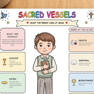 May include: An educational poster titled SACRED VESSELS featuring a central illustration of a boy holding a book. The poster includes text boxes defining items like the chalice, paten, ciborium, cruets, corporal, monstrance, and tabernacle used at Mass.