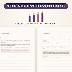 以下が含まれることがあります： The Advent Devotionalは、30ページ構成で26日分の日付が記載されたドキュメントで、LetterおよびA4サイズで利用可能です。ピンク1本と紫3本の計4本のろうそくのイラストが描かれています。各ページには12月13日と17日のテキストが記載されています。