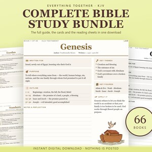 May include: A digital Bible study bundle featuring multiple pages with the title Complete Bible Study Bundle. The pages include sections for Genesis, Exodus, and Numbers, with text detailing key themes, figures, and outlines. A circular graphic displays 66 Books, and a small illustration of Noah's ark with a dove is visible.
