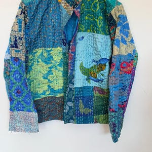 Handcrafted Blue Patchwork Kantha Jacket | Boho Embroidered Jacket