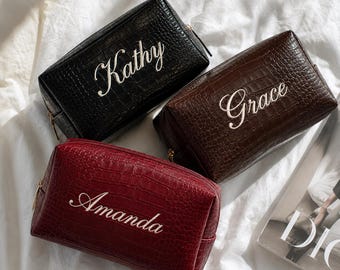 Personalized Faux Leather Makeup Bag, Custom Name Cosmetic Bag, Embroidered Toiletry Pouch, Bridesmaid Gift, Gift for Her, Christmas Gifts